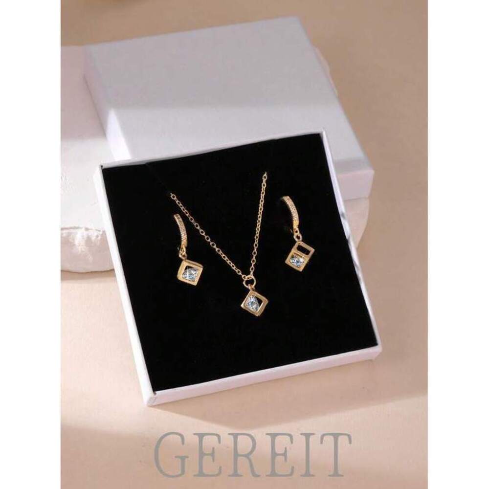 Stainless Steel Cube Zirconia Pendant Necklace Earrings Set Jewelry Set, S